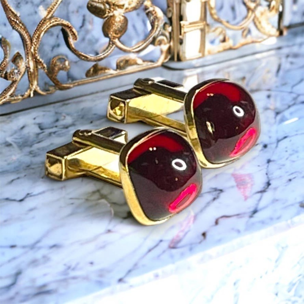 Anson Vintage Cufflinks Gold Tone Cherry Red Lucite